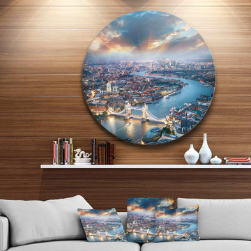 Aerial View of London at Dusk - Architecture Circle Metal Wall Decor
